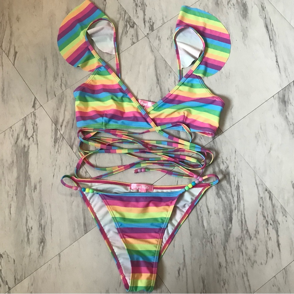 Sugar Thrillz rainbow bikini wrap around set NWOT medium